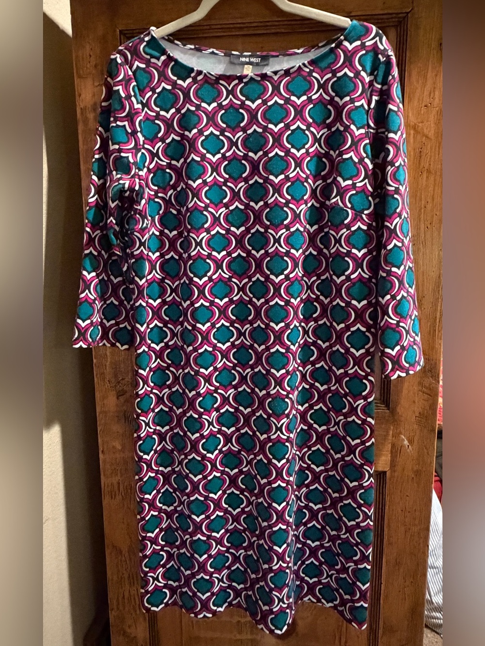 Nine West Teal and Purple Geometric Long Sleeve Shift Dress